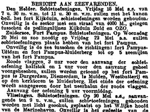 Fragment Bericht aan zeevarenden in de Nieuwe Rotterdamsche Courant van 12 mei 1925, over schietoefeningen o.a. op Fort aan het Pampus.