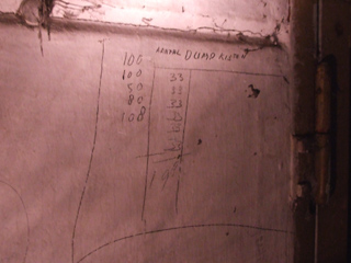 Aantal dumpkisten met potlood op de muur van Fort aan de Jisperweg geschreven.