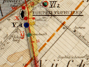 Historische militaire kaart Geniedijk Haarlemmermeer bij Vijfhuizen.
