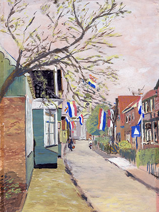 Vlaggen in de Kerkbuurt Westzaan bij de bevrijding 1945.