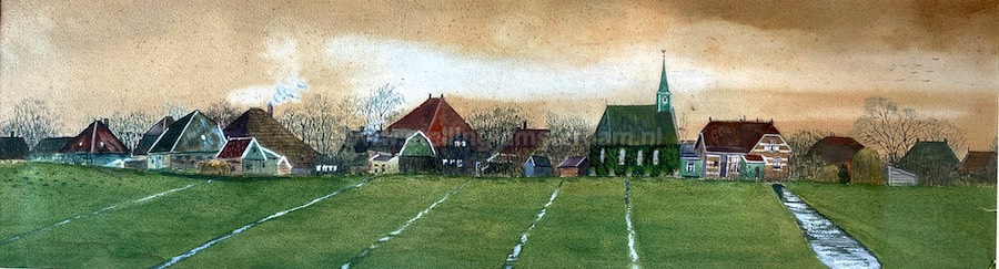 Aquarel uit 1915 van het dorp Marken-Binnen.