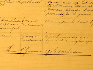 Fragment van de straflijst van Dirk Bouwe Pronk met vermelding van overlijden.