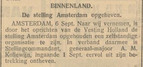 De stelling Amsterdam opgeheven in de Arnhemse Courant d.d. 6-9-1922.