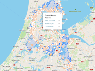 Locaties Stelling van Amsterdam op de kaart van het Kenniscentrum Waterlinies.