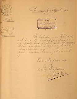 De brief van fortcommandant Kapitein Jhr. O. Witsen Elias aan de burgemeester van Assendelft.