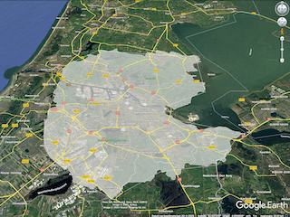 Het oppervlak van de Stelling van Amsterdam in Google Earth.