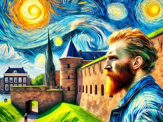 AI gegenereerde afbeelding van een man die lijkt op Vincent van Gogh, in zijn schilderstijl bij wat op het kasteel van Breda zou moeten lijken.