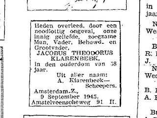 Overlijdensbericht van Jacobus Theodorus Klarenbeek (CBG).