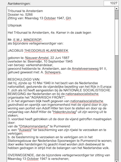 Deel van database-scherm met de overgetypte tekst van de uitspraak tegen Klarenbeek.