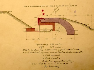 Schets van een bakstenen remise, versterkt met een mantel van beton.