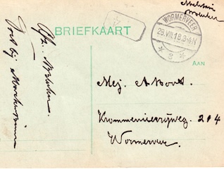 Briefkaart van P. Bleeker aan A. Boot in 1918.