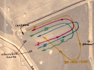 Luchtfoto van de routes naar de inrijdam en in de proefinundatie bij Spaarndam.