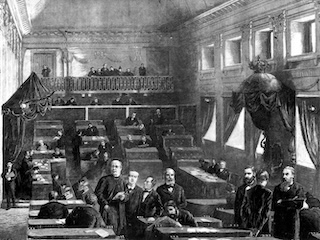 Tekening van de Tweede Kamer vergaderzaal rond 1900.