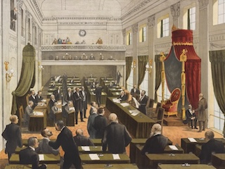 Getekende schoolplaat van de Tweede Kamer vergaderzaal door G.J. Sijthoff.