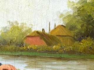 Fragment schilderij van boerderij met hooimijt.