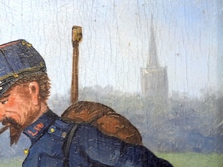Fragment schilderij met kerktoren.